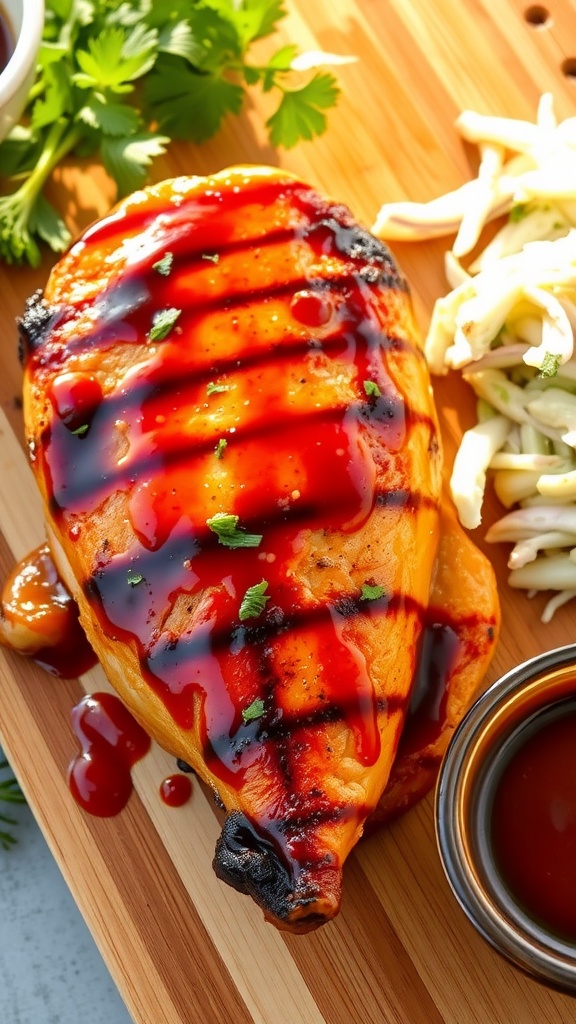 Grilled barbecue chicken breast on a cutting board with coleslaw and barbecue sauce.